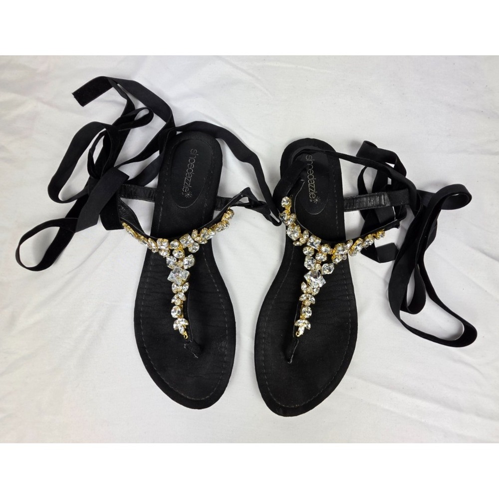 ShoeDazzle Jeslene Black Rhinestone Bling Lace Up Gladiator Sandals Womens 9.5